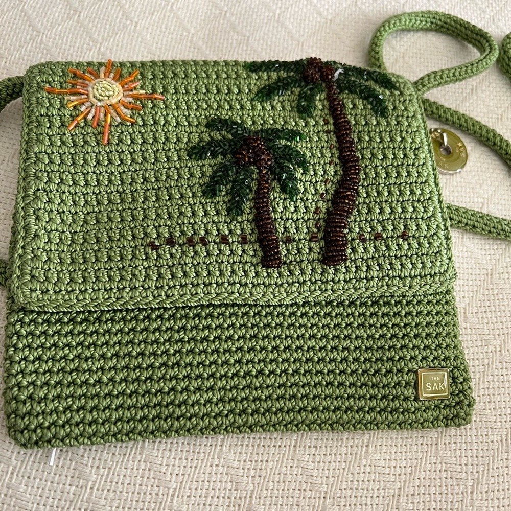 The Sak, Olive Green Crochet Crossbody, with Colored Glass Embellishments